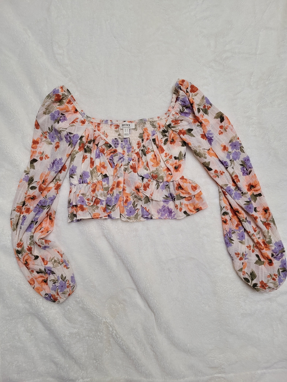 Privy Floral Off-Shoulder Peasant Crop Top in Peach & Lavender